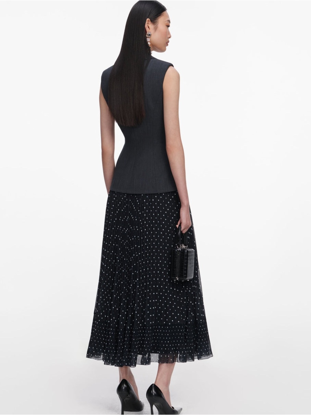 NWOT Self-Portrait GREY TAILORED POLKA DOT MIDI DRESS - Picture 5 of 9